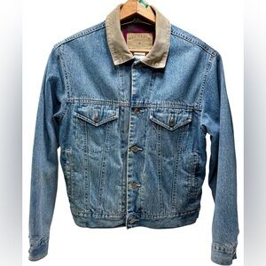 GAP Vintage 90’s Denim Trucker Jacket Size S Corduroy Collar Plaid Flannel Lined